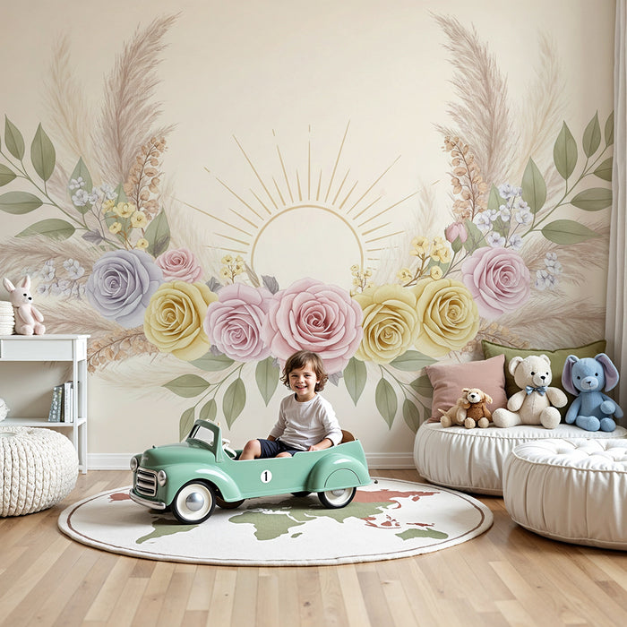 Lastenhuoneen tapetti | Herkät kukat ja lempeä aurinko rauhoittavaan tunnelmaan