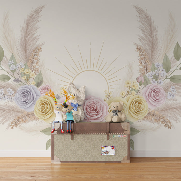 Lastenhuoneen tapetti | Herkät kukat ja lempeä aurinko rauhoittavaan tunnelmaan