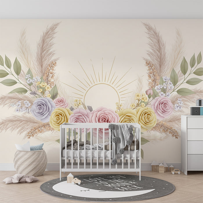 Lastenhuoneen tapetti | Herkät kukat ja lempeä aurinko rauhoittavaan tunnelmaan