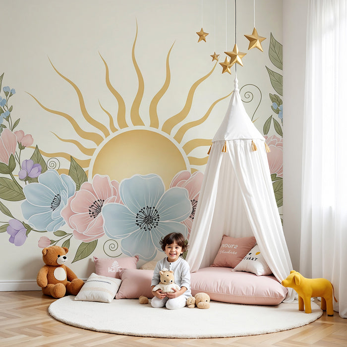 Babykamer behang | Delicate bloemen en stralende zon op een zachte achtergrond