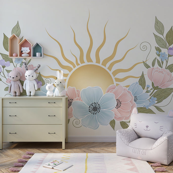 Babykamer behang | Delicate bloemen en stralende zon op een zachte achtergrond