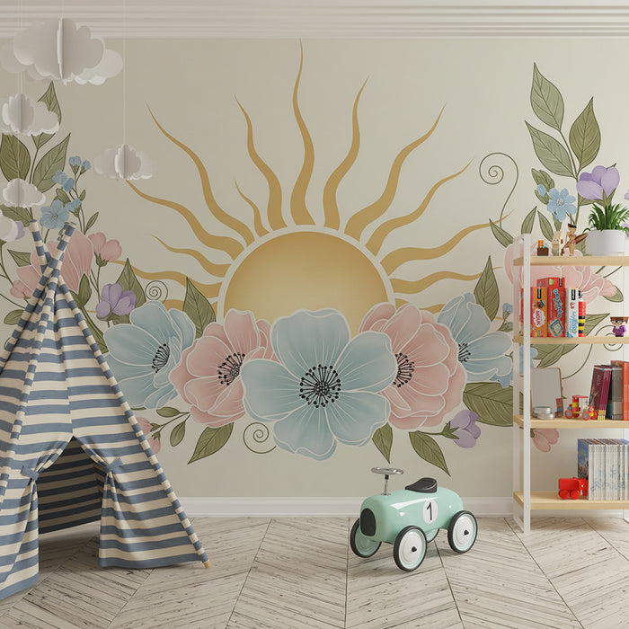 Babykamer behang | Delicate bloemen en stralende zon op een zachte achtergrond