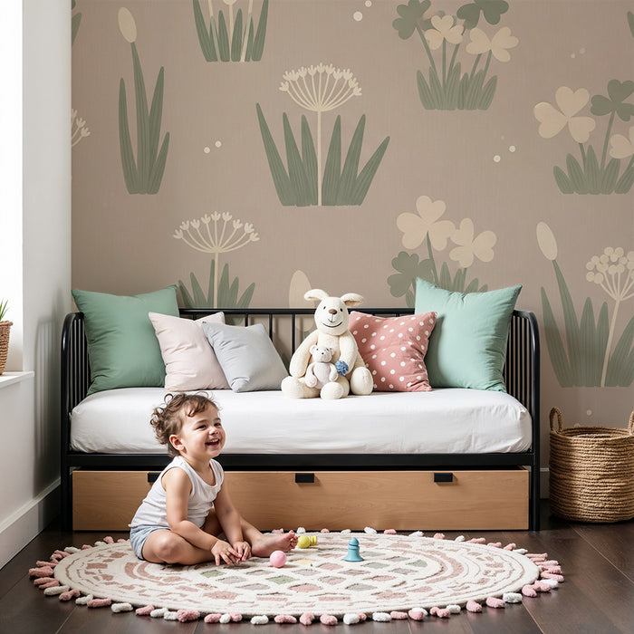 Carta da parati bambini | Fiori delicati e trifogli