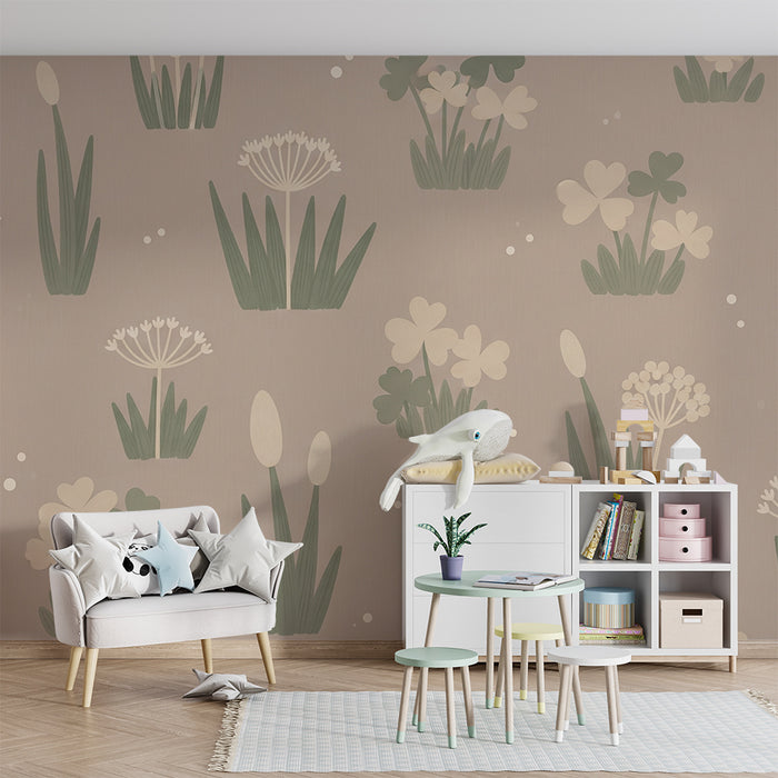 Carta da parati bambini | Fiori delicati e trifogli