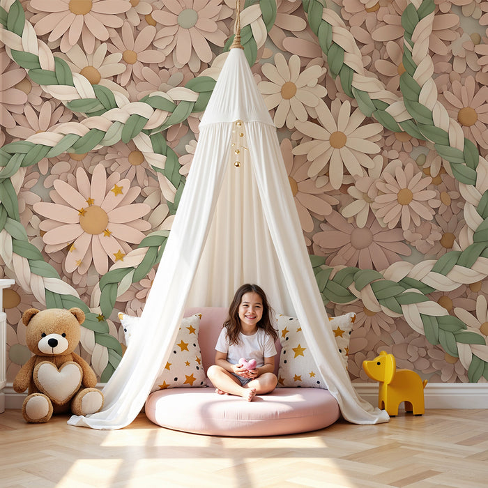 Papel de parede para quarto de bebé | Flores delicadas e tranças em tons pastel
