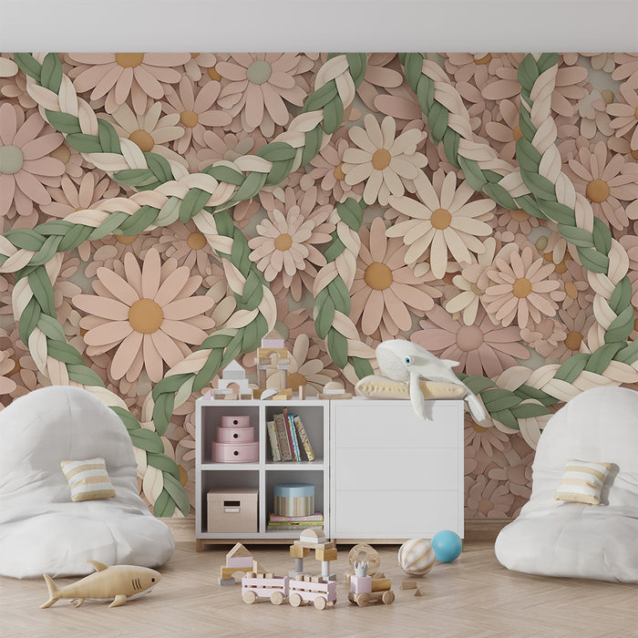 Papel de parede para quarto de bebé | Flores delicadas e tranças em tons pastel