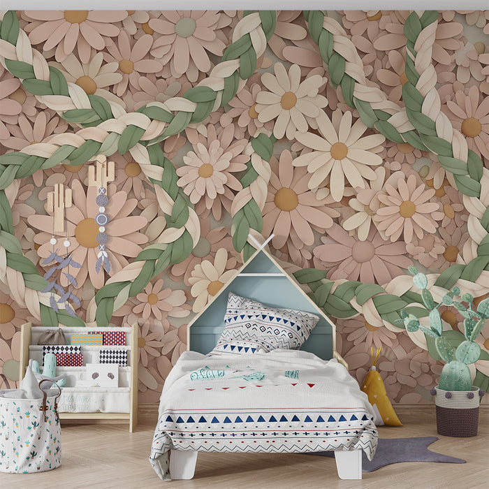 Papel de parede para quarto de bebé | Flores delicadas e tranças em tons pastel