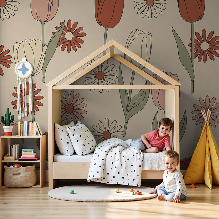 Barntapet | Delikata blommor och färgglada tulpaner på mjuk bakgrund