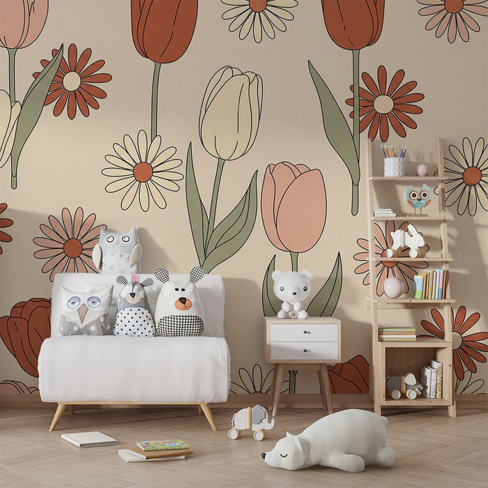 Barntapet | Delikata blommor och färgglada tulpaner på mjuk bakgrund