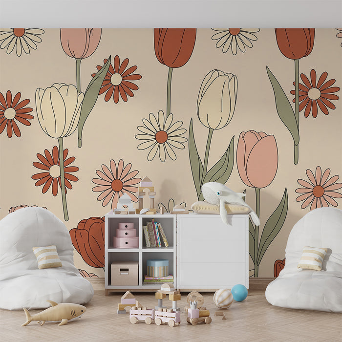 Barntapet | Delikata blommor och färgglada tulpaner på mjuk bakgrund