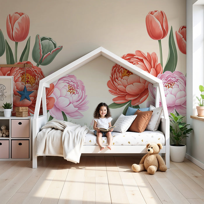 Papel de parede quarto bebê | Απαλά λουλούδια και τουλίπες σε ένα παστέλ κήπο
