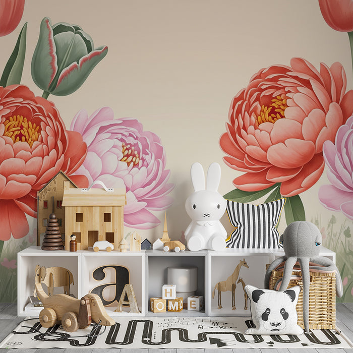 Papel de parede quarto bebê | Απαλά λουλούδια και τουλίπες σε ένα παστέλ κήπο