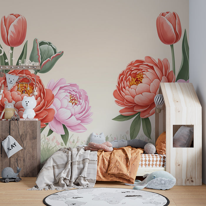 Papel de parede quarto bebê | Απαλά λουλούδια και τουλίπες σε ένα παστέλ κήπο