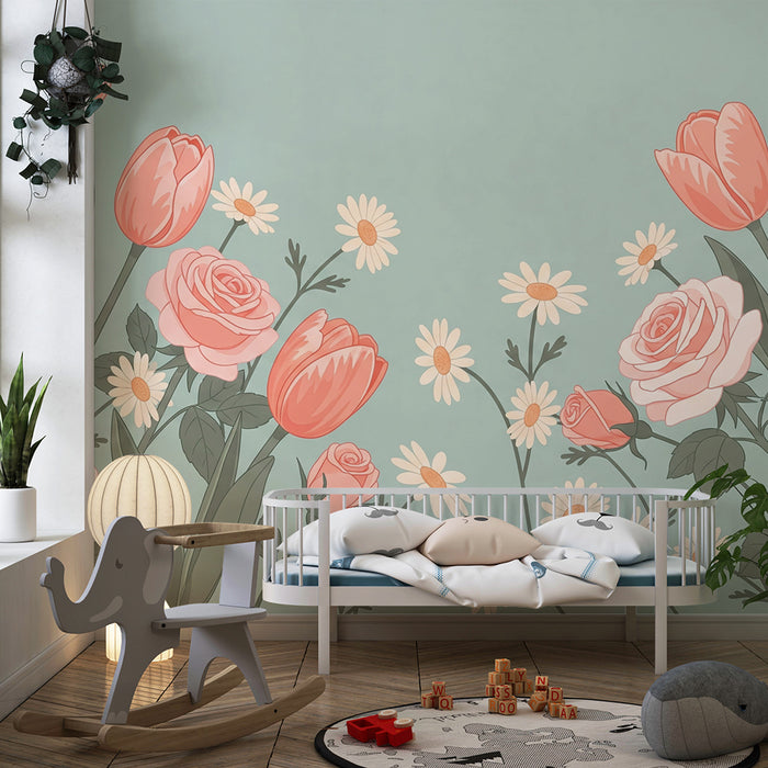 Tapet pentru camera de copii | Flori delicate și lalele pe fundal pastel