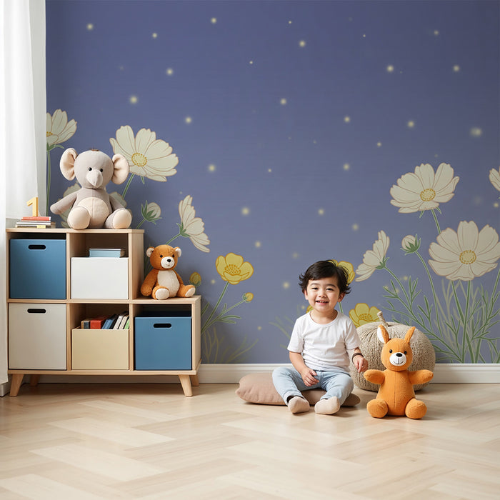 Børneværelse tapet | Delikate blomster under en stjernehimmel