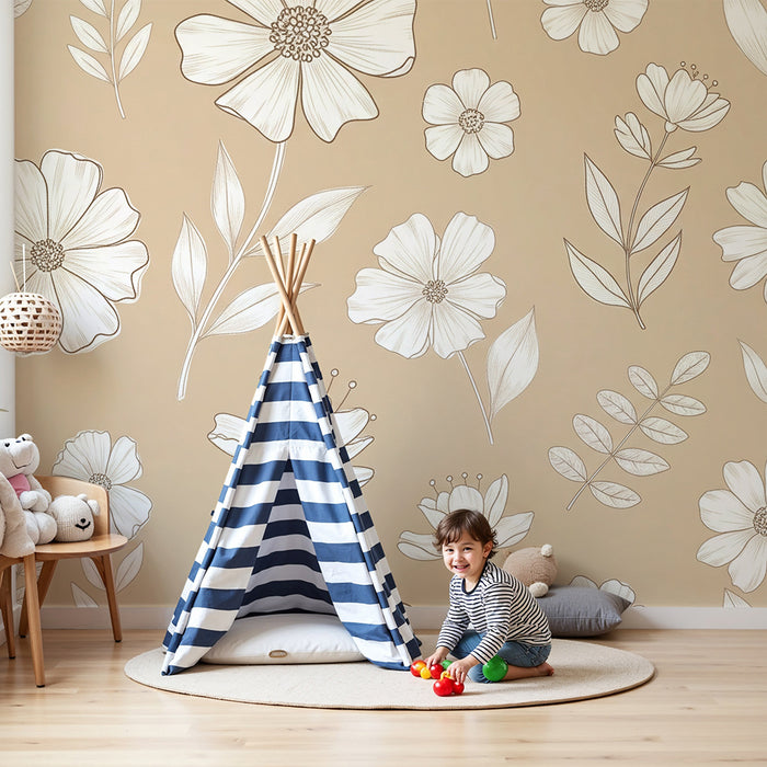 Papier peint chambre bébé | Fleurs délicates sur un fond beige