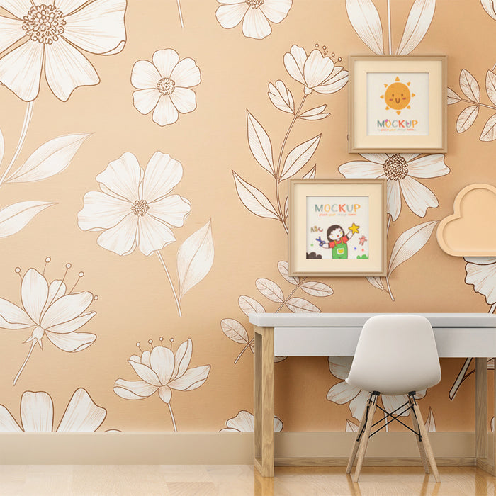 Papier peint chambre bébé | Fleurs délicates sur un fond beige