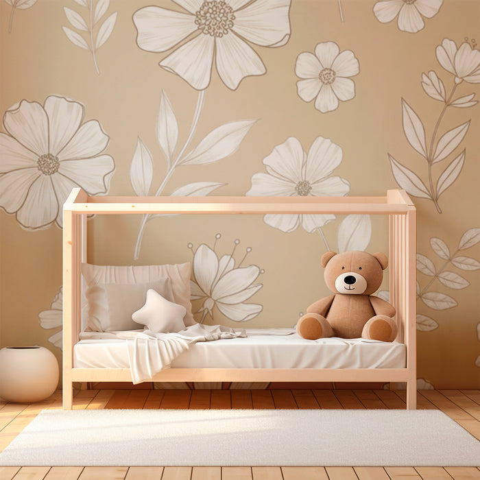 Papier peint chambre bébé | Fleurs délicates sur un fond beige