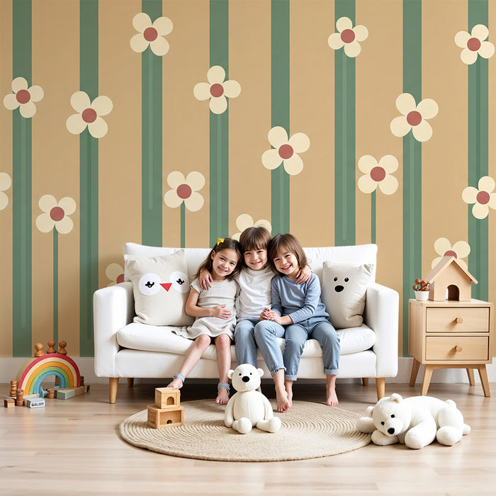 Papier peint chambre bébé | Fleurs délicates sur fond beige avec des lignes vertes