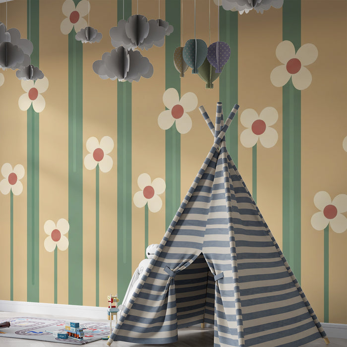 Papier peint chambre bébé | Fleurs délicates sur fond beige avec des lignes vertes