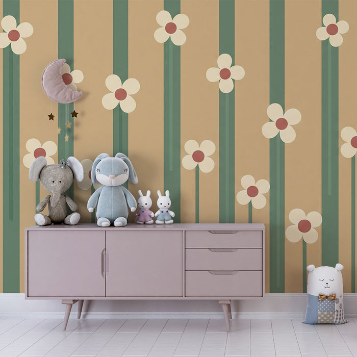 Papier peint chambre bébé | Fleurs délicates sur fond beige avec des lignes vertes