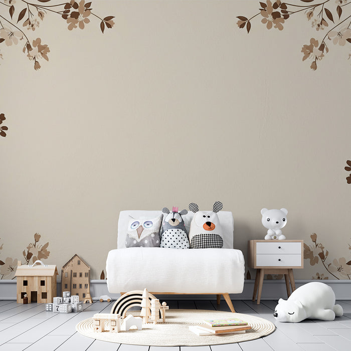 Papel pintado infantil | Flores delicadas sobre fondo beige suave