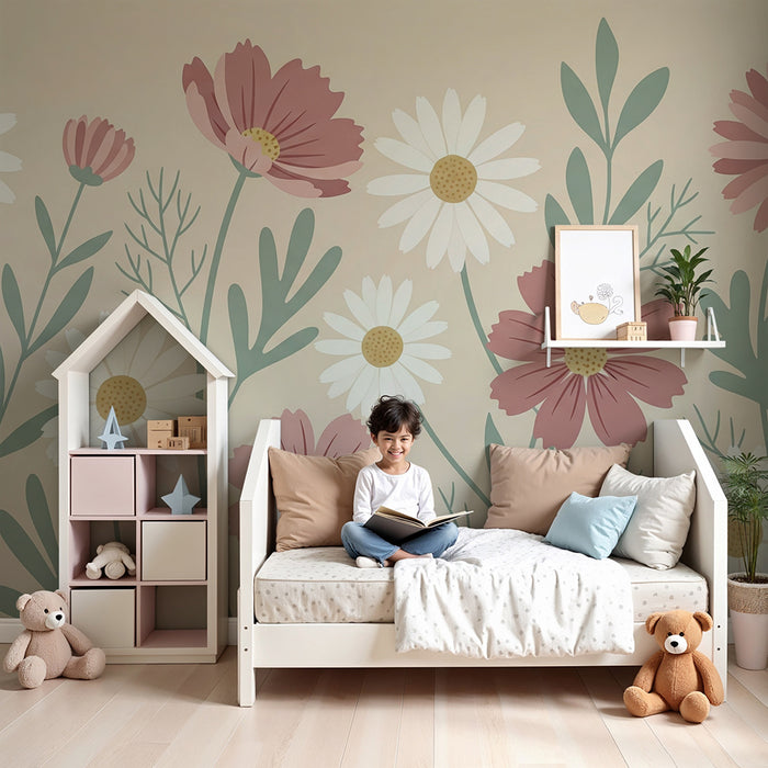 Babykamer behang | Delicate bloemen op een beige achtergrond voor een zachte sfeer
