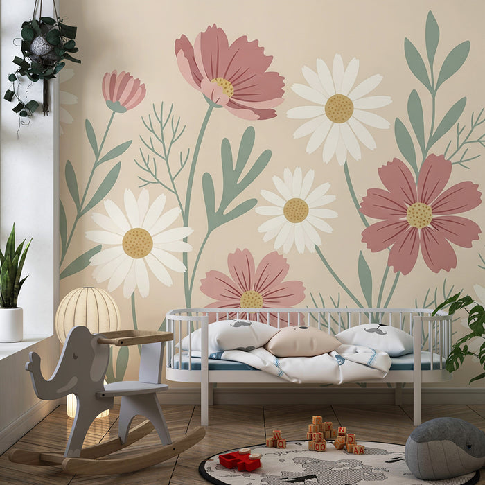 Babykamer behang | Delicate bloemen op een beige achtergrond voor een zachte sfeer