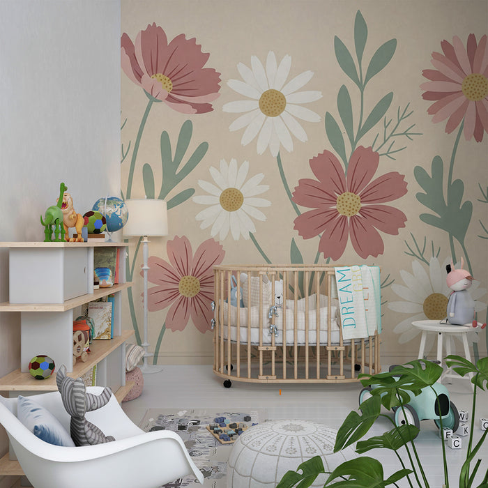 Babykamer behang | Delicate bloemen op een beige achtergrond voor een zachte sfeer