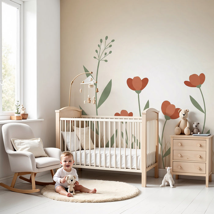 Babykamer behang | Delicate bloemen op een beige achtergrond