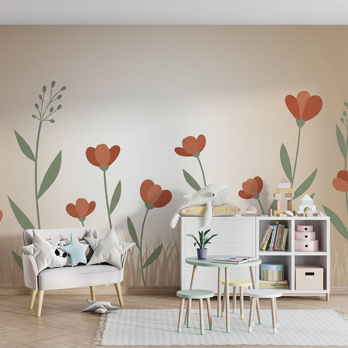 Babykamer behang | Delicate bloemen op een beige achtergrond