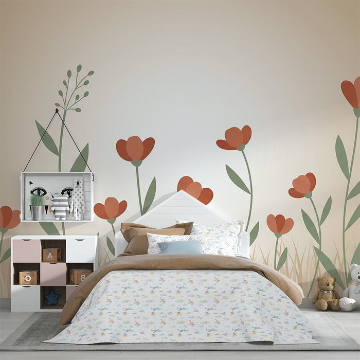 Babykamer behang | Delicate bloemen op een beige achtergrond