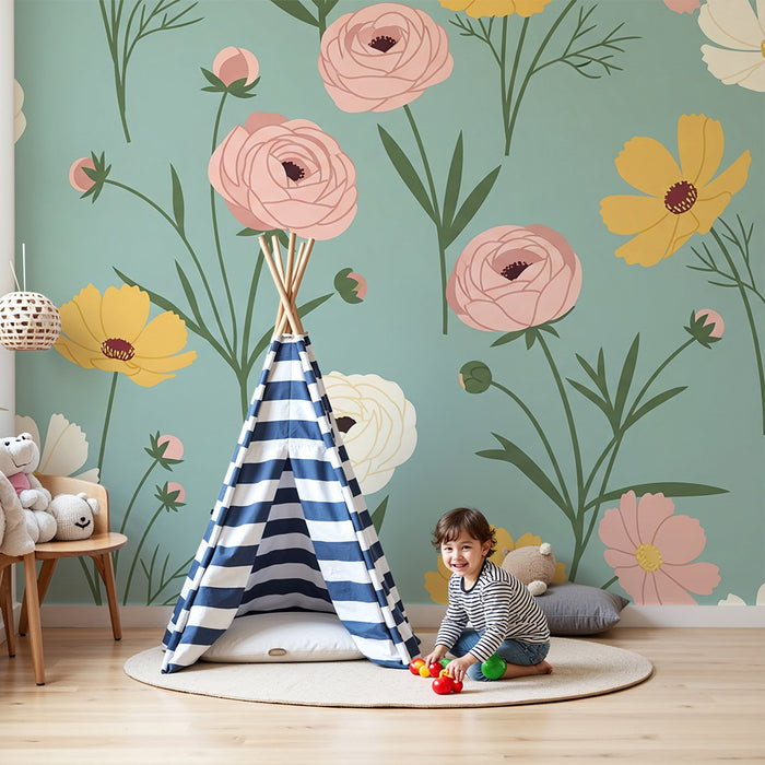 Papier peint chambre bébé | Fleurs délicates sur fond bleu apaisant
