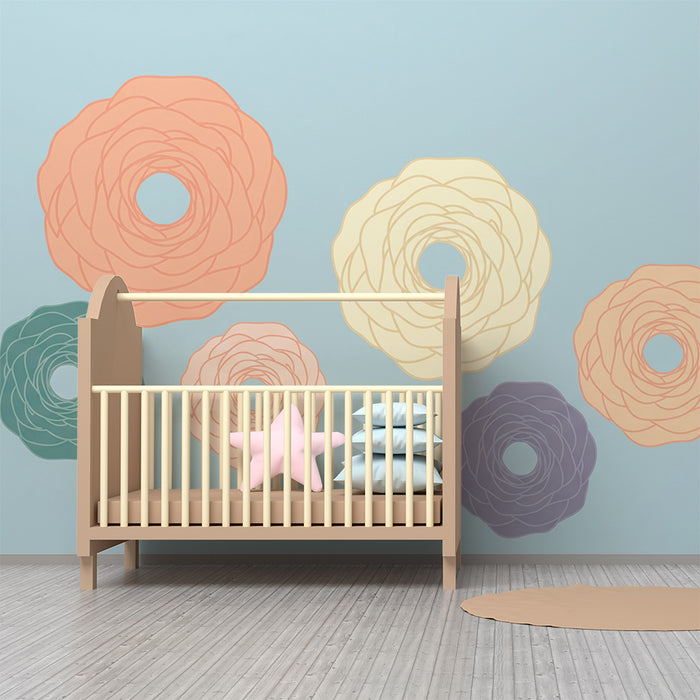 Babyværelses tapet | Blomster på roligt blåt bånd