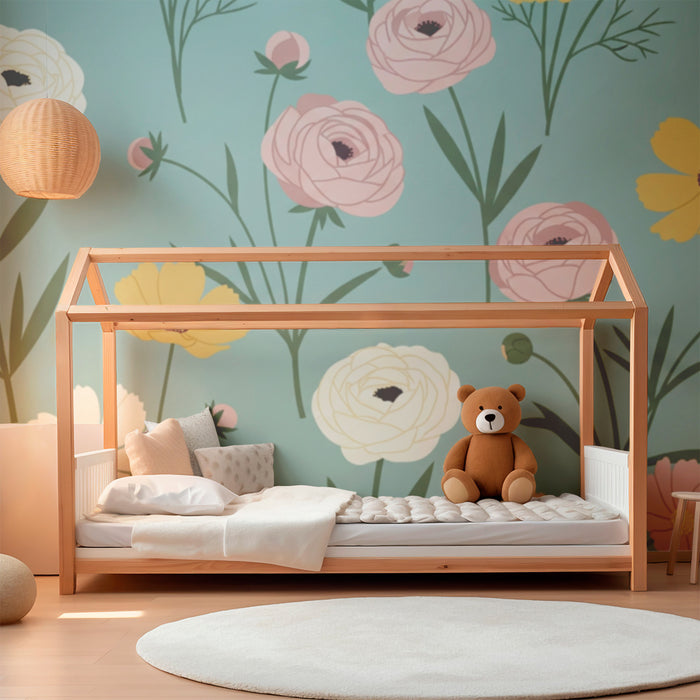Papier peint chambre bébé | Fleurs délicates sur fond bleu apaisant