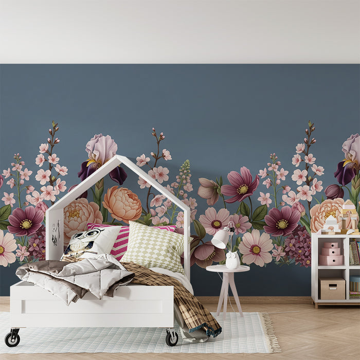 Papier peint chambre bébé | Fleurs délicates sur fond bleu apaisant