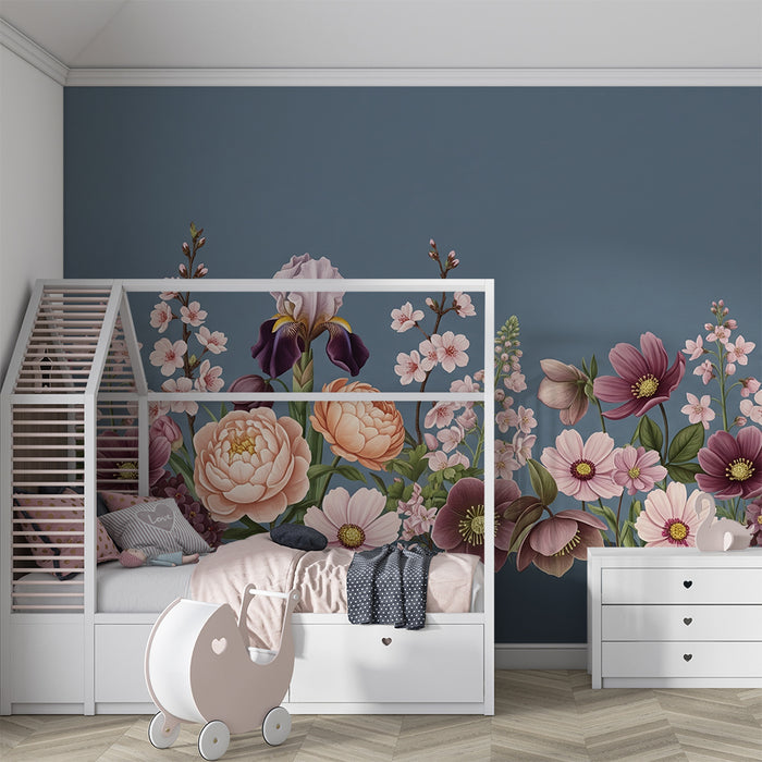 Papier peint chambre bébé | Fleurs délicates sur fond bleu apaisant