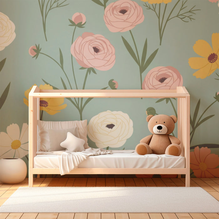 Papier peint chambre bébé | Fleurs délicates sur fond bleu apaisant