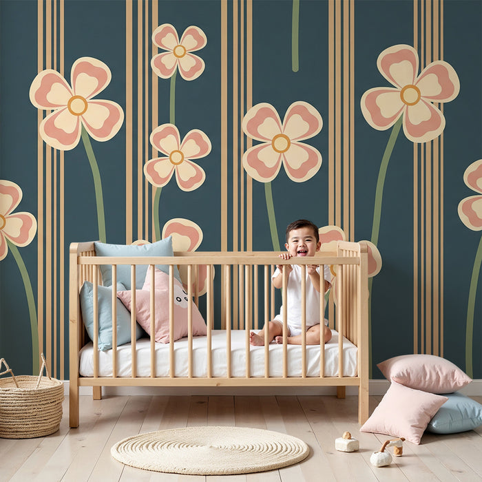 Papier peint chambre bébé | Fleurs délicates sur fond bleu avec lignes élégantes