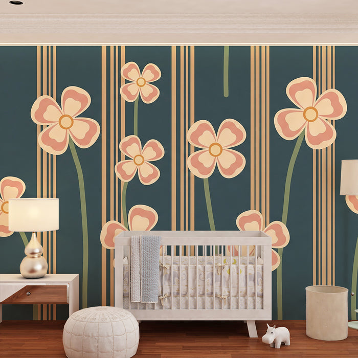 Papier peint chambre bébé | Fleurs délicates sur fond bleu avec lignes élégantes