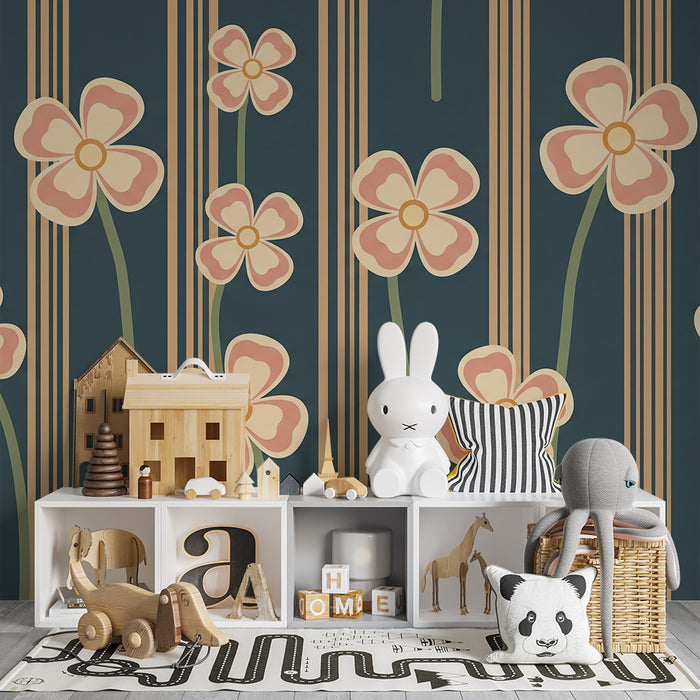 Papier peint chambre bébé | Fleurs délicates sur fond bleu avec lignes élégantes
