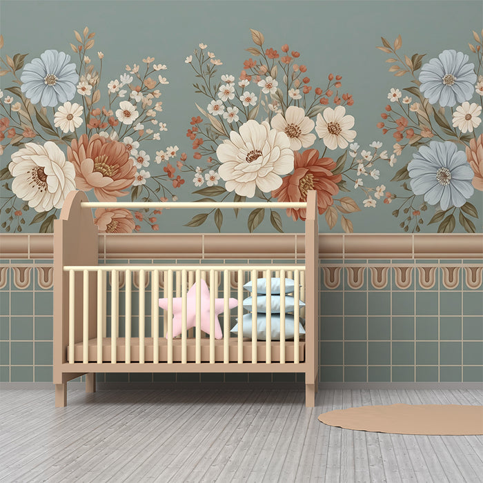 Babyværelses tapet | Blomster på lyseblå baggrund med bløde mønstre