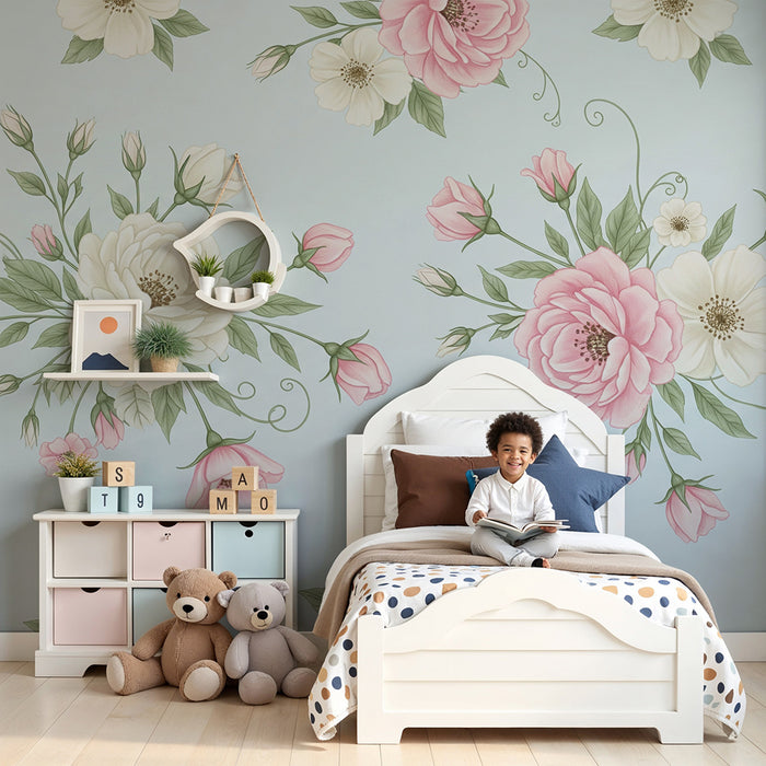 Papier peint chambre bébé | Fleurs délicates sur fond bleu clair