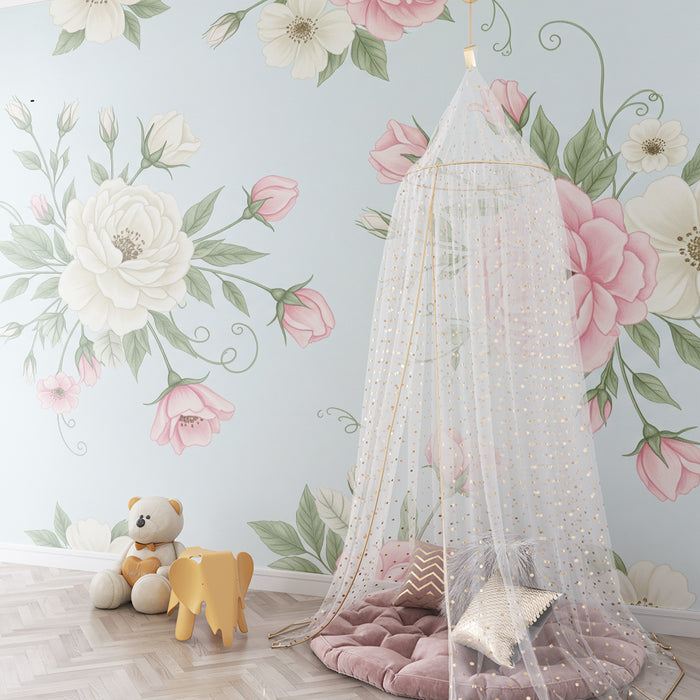 Papier peint chambre bébé | Fleurs délicates sur fond bleu clair