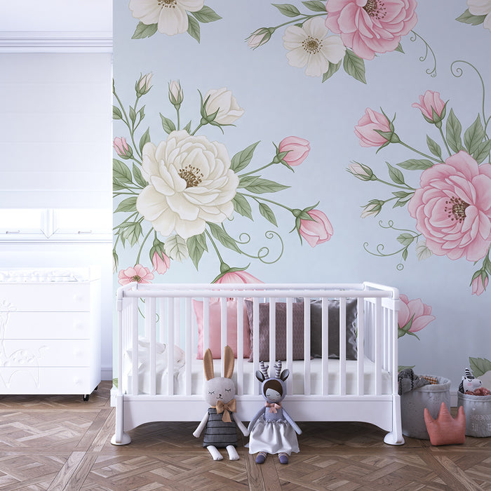 Papier peint chambre bébé | Fleurs délicates sur fond bleu clair