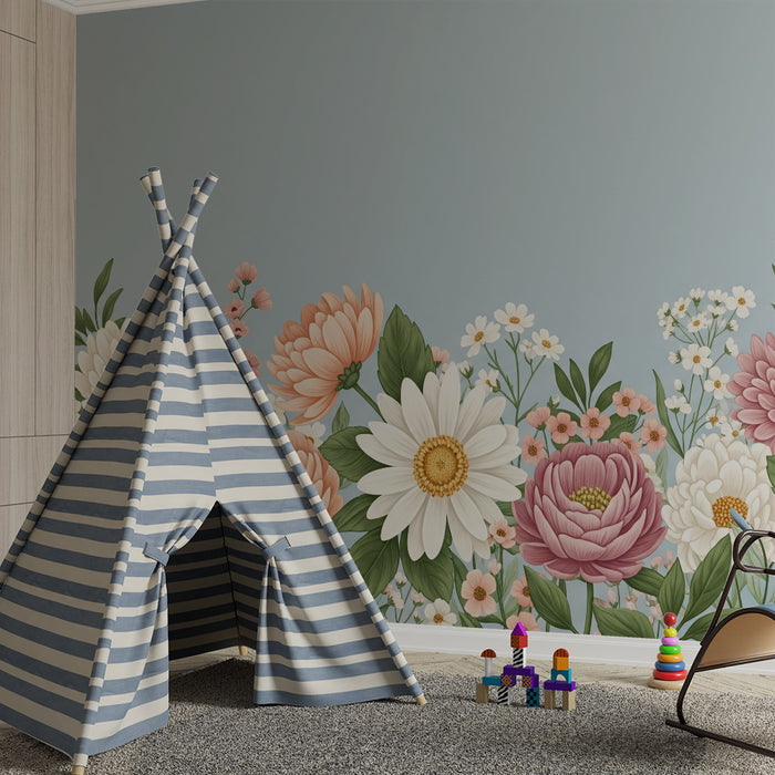 Papel de parede para quarto de bebé | Flores delicadas sobre fundo azul num ambiente tranquilo