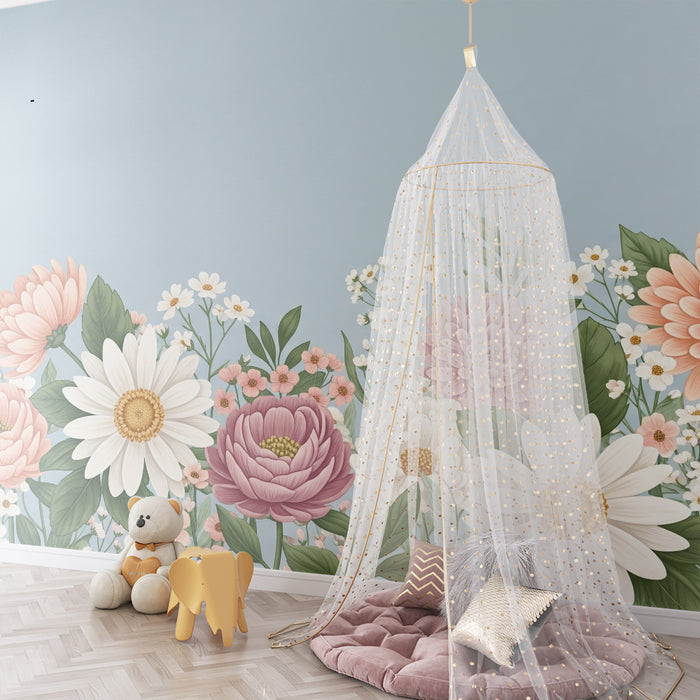 Papel de parede para quarto de bebé | Flores delicadas sobre fundo azul num ambiente tranquilo