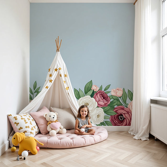 Papier peint chambre bébé | Fleurs délicates sur fond bleu doux
