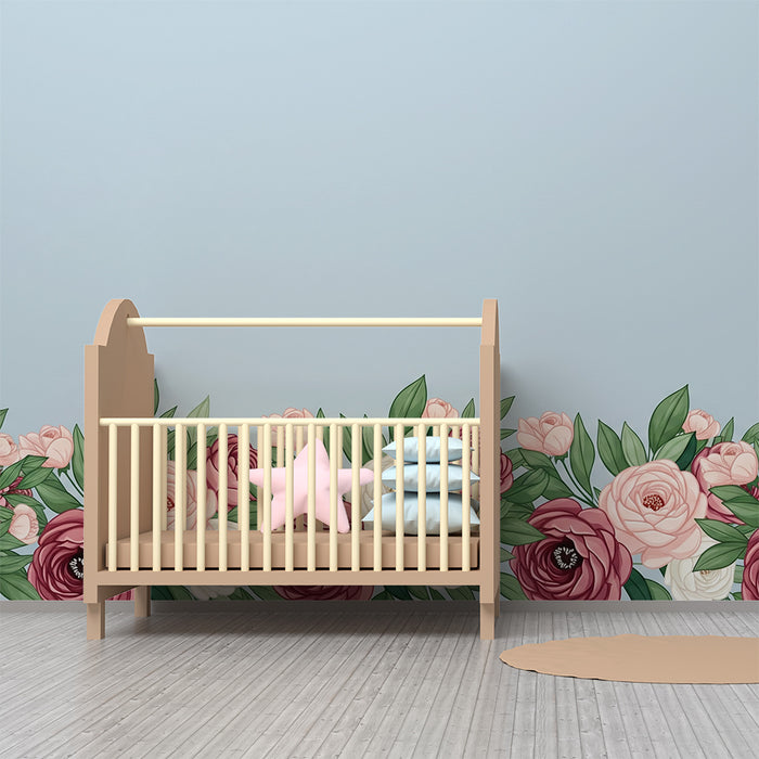 Papier peint chambre bébé | Fleurs délicates sur fond bleu doux