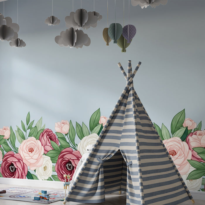 Papier peint chambre bébé | Fleurs délicates sur fond bleu doux